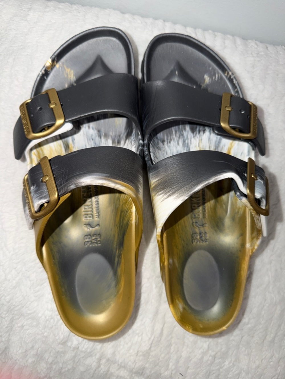 Birkenstock Grey and Gold Double Buckle Slides - Picture 5 of 6